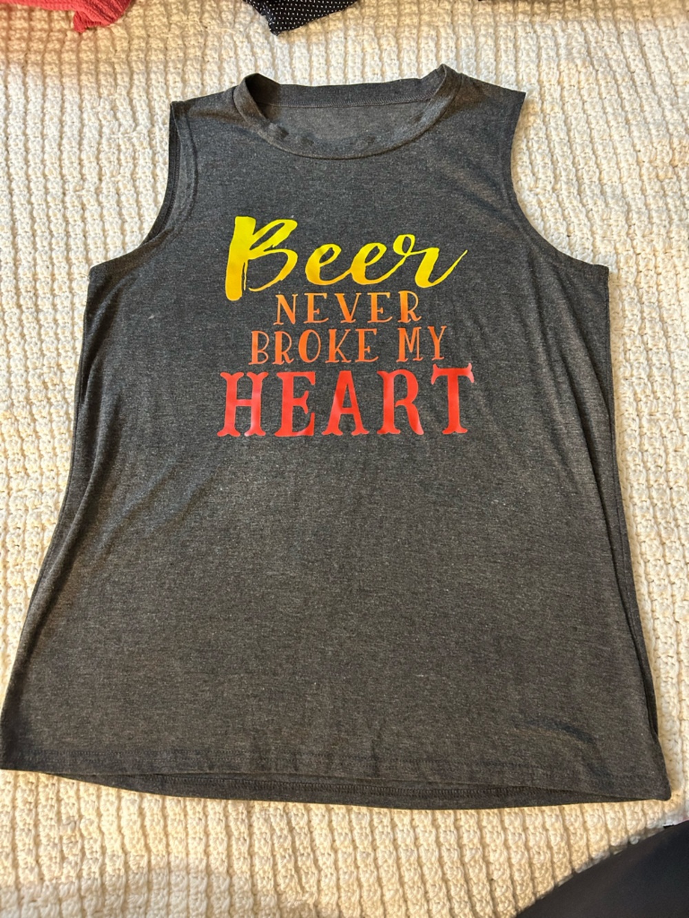 Women’s Charcoal Graphic Tank Top - 'Beer Never Broke My Heart'